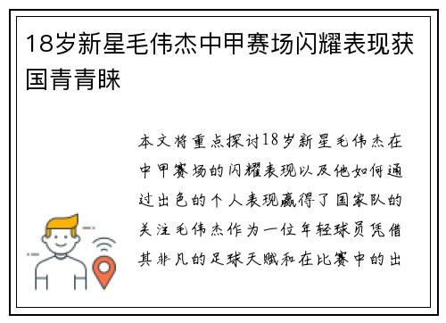 18岁新星毛伟杰中甲赛场闪耀表现获国青青睐