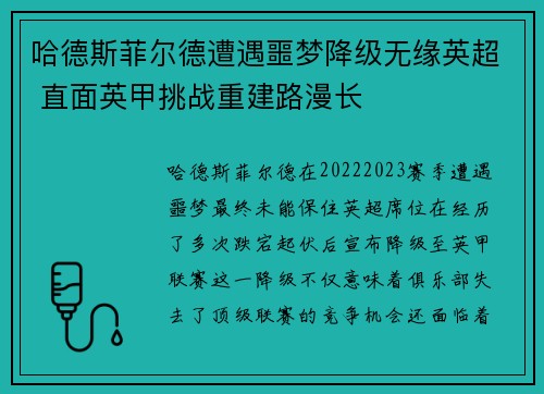 哈德斯菲尔德遭遇噩梦降级无缘英超 直面英甲挑战重建路漫长