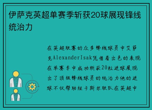伊萨克英超单赛季斩获20球展现锋线统治力 伊萨克英超单赛季斩获20球展现锋线统治力